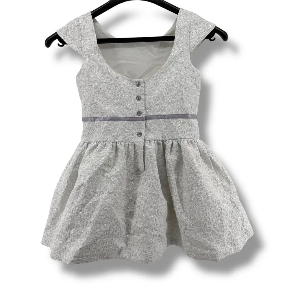 Janie & Jack Silver‎ Metallic Leopard Party Dress Girls Size 4 Cap Sleeve Bow